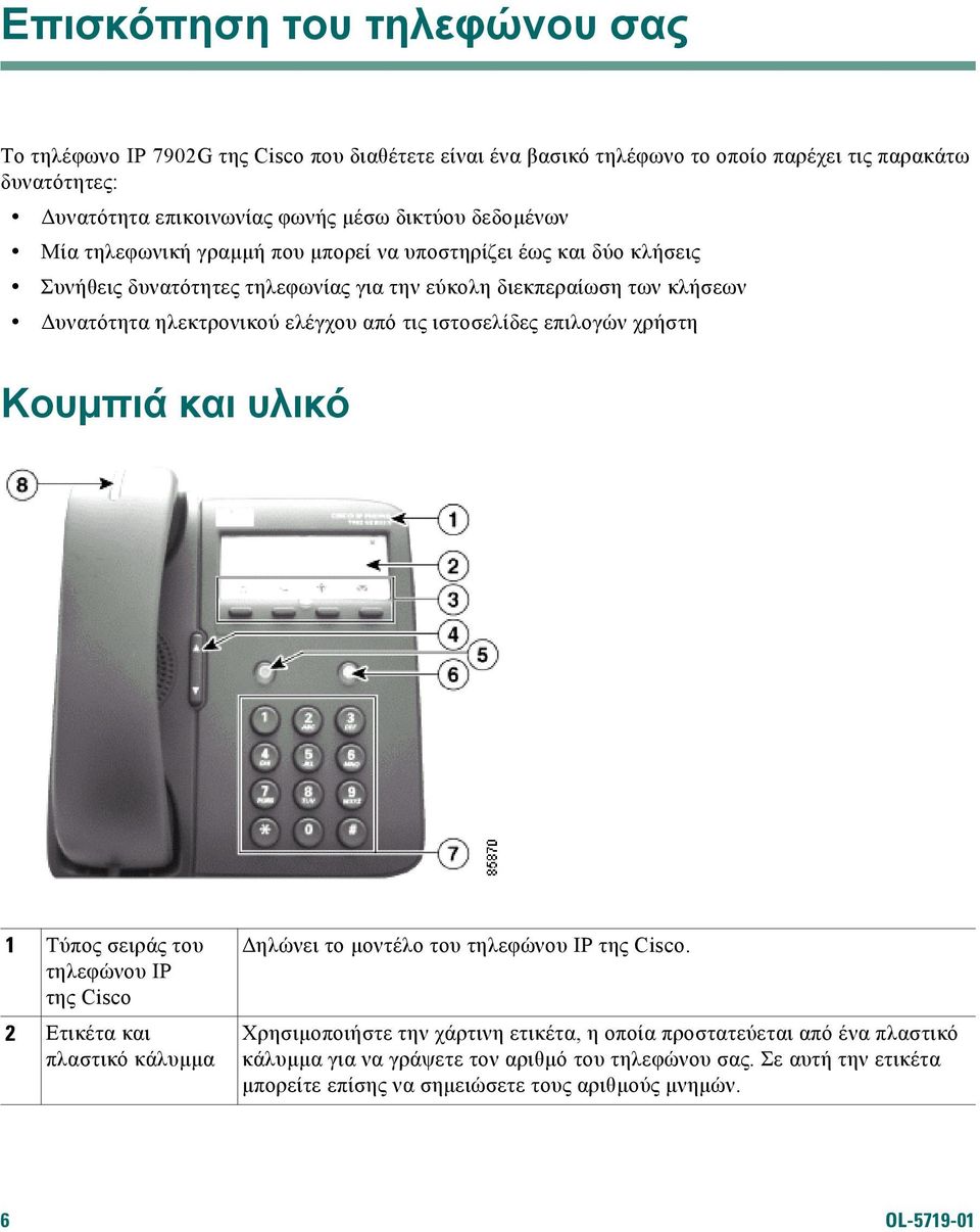 τις ιστοσελίδες επιλογών χρήστη Κουµπιά και υλικό 1 Τύπος σειράς του τηλεφώνου IP της Cisco 2 Ετικέτα και πλαστικό κάλυµµα ηλώνει το µοντέλο του τηλεφώνου IP της Cisco.