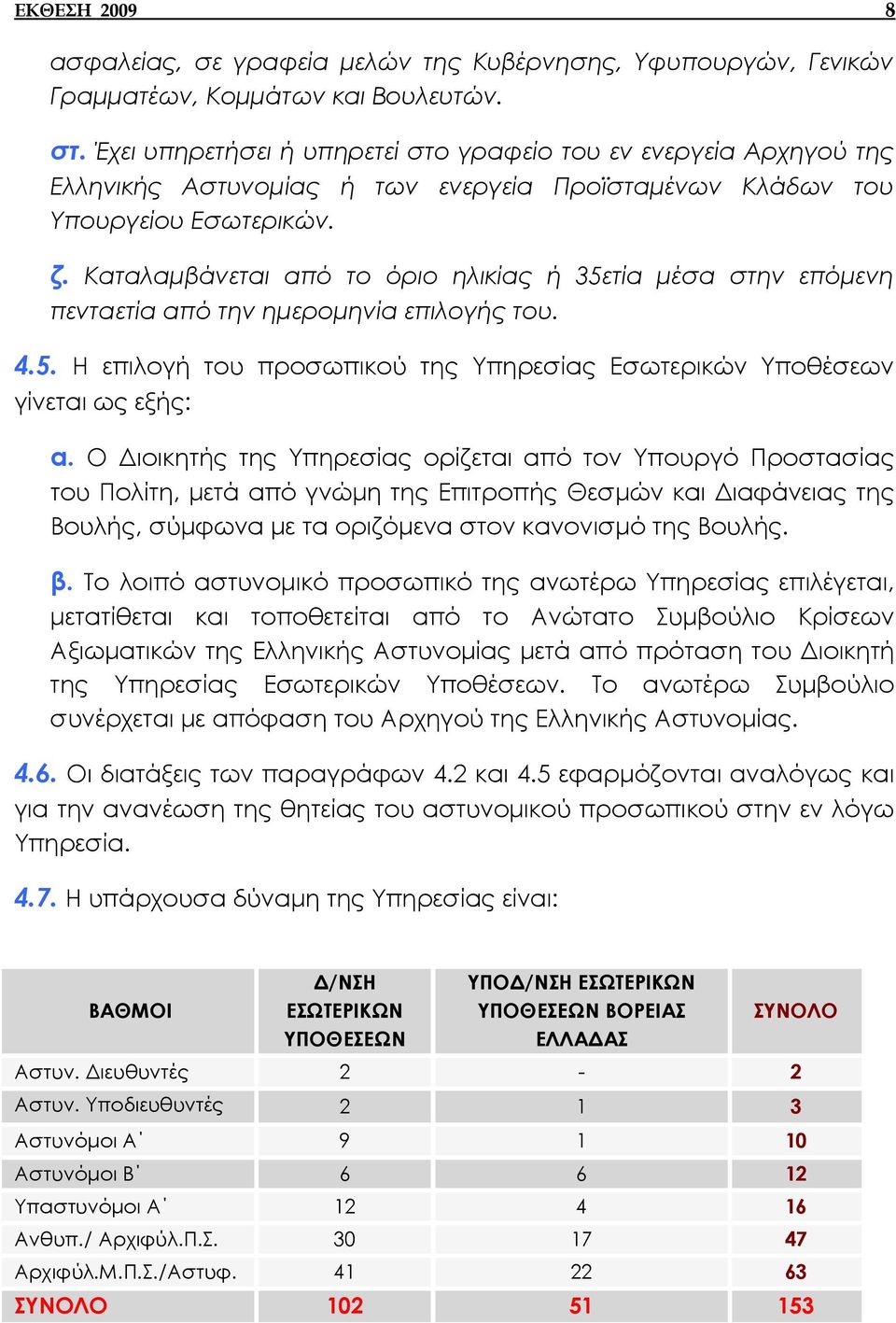 Καταλαµβάνεται από το όριο ηλικίας ή 35ετία µέσα στην επόµενη πενταετία από την ηµεροµηνία επιλογής του. 4.5. Η επιλογή του προσωπικού της Υπηρεσίας Εσωτερικών Υποθέσεων γίνεται ως εξής: α.