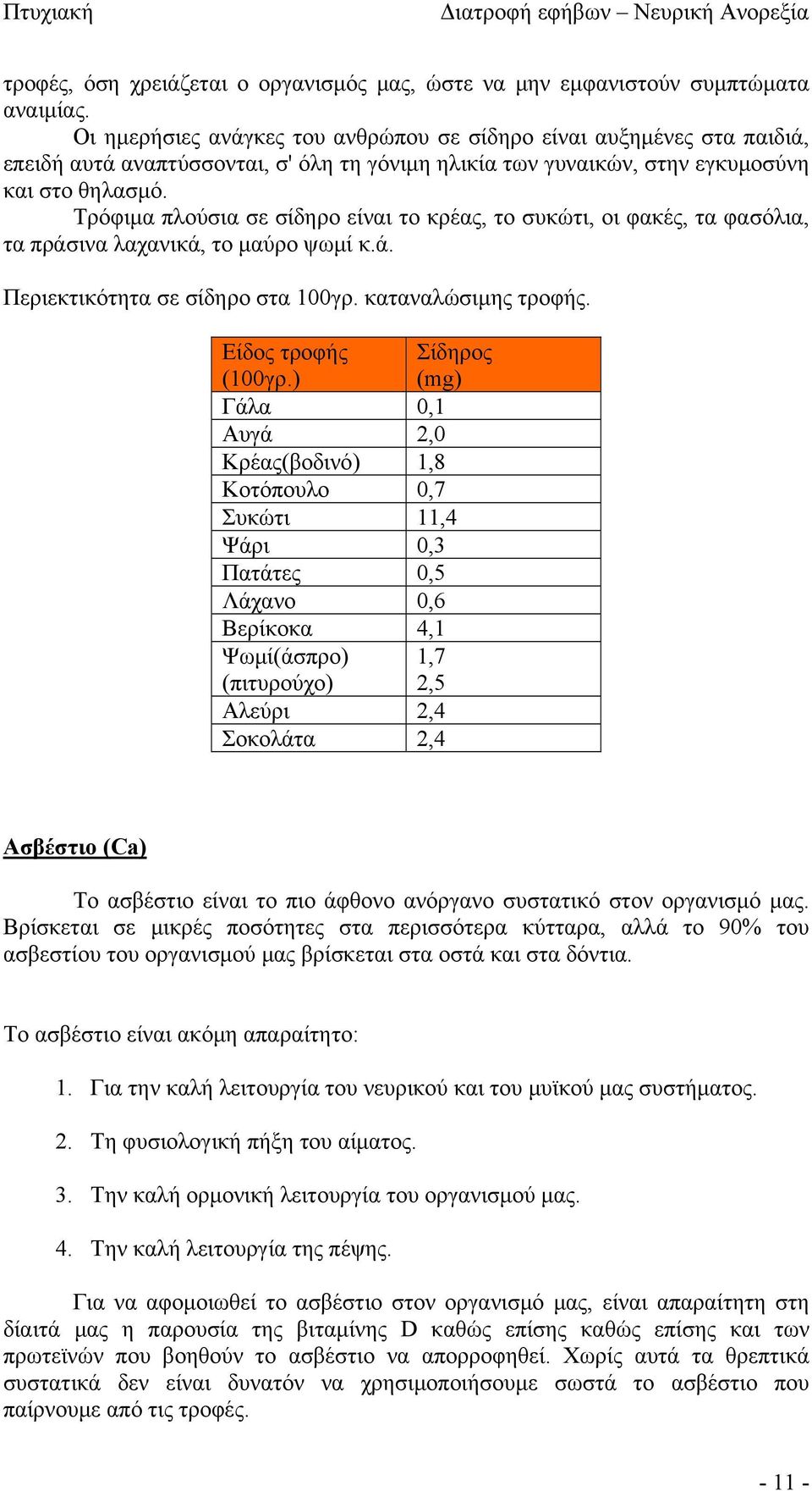 Τρόφιμα πλούσια σε σίδηρο είναι το κρέας, το συκώτι, οι φακές, τα φασόλια, τα πράσινα λαχανικά, το μαύρο ψωμί κ.ά. Περιεκτικότητα σε σίδηρο στα 100γρ. καταναλώσιμης τροφής. Είδος τροφής (100γρ.