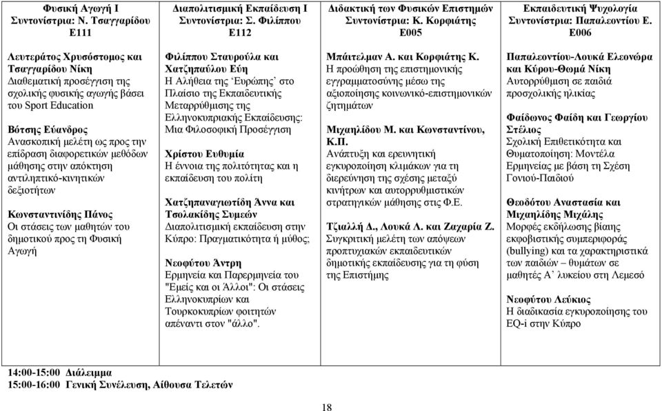 Ε006 Λευτεράτος Χρυσόστομος και Τσαγγαρίδου Νίκη Διαθεματική προσέγγιση της σχολικής φυσικής αγωγής βάσει του Sport Education Βότσης Εύανδρος Ανασκοπική μελέτη ως προς την επίδραση διαφορετικών