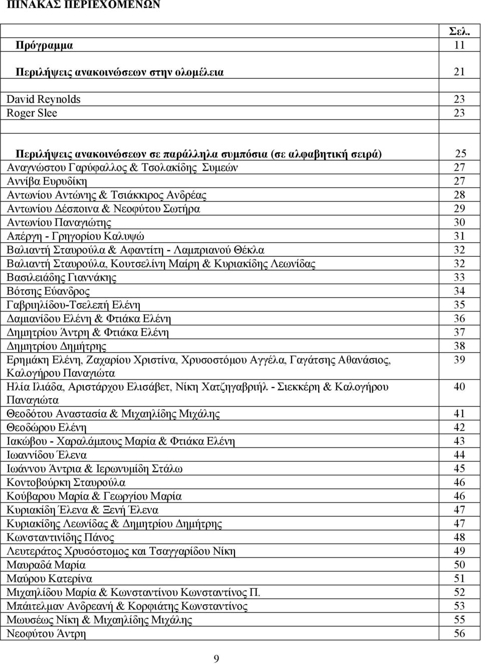 27 Αννίβα Ευρυδίκη 27 Αντωνίου Αντώνης & Τσιάκκιρος Ανδρέας 28 Αντωνίου Δέσποινα & Νεοφύτου Σωτήρα 29 Αντωνίου Παναγιώτης 30 Απέργη - Γρηγορίου Καλυψώ 31 Βαλιαντή Σταυρούλα & Αφαντίτη - Λαμπριανού