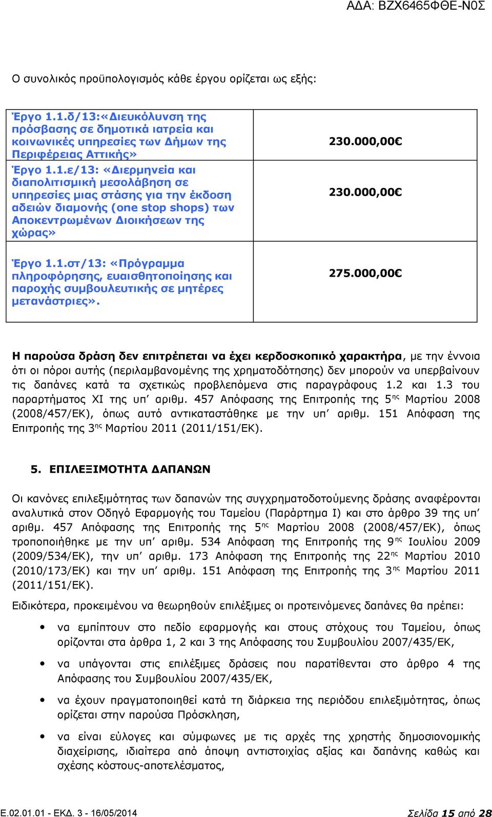 000,00 230.000,00 Έργο 1.1.στ/13: «Πρόγραμμα πληροφόρησης, ευαισθητοποίησης και παροχής συμβουλευτικής σε μητέρες μετανάστριες». 275.