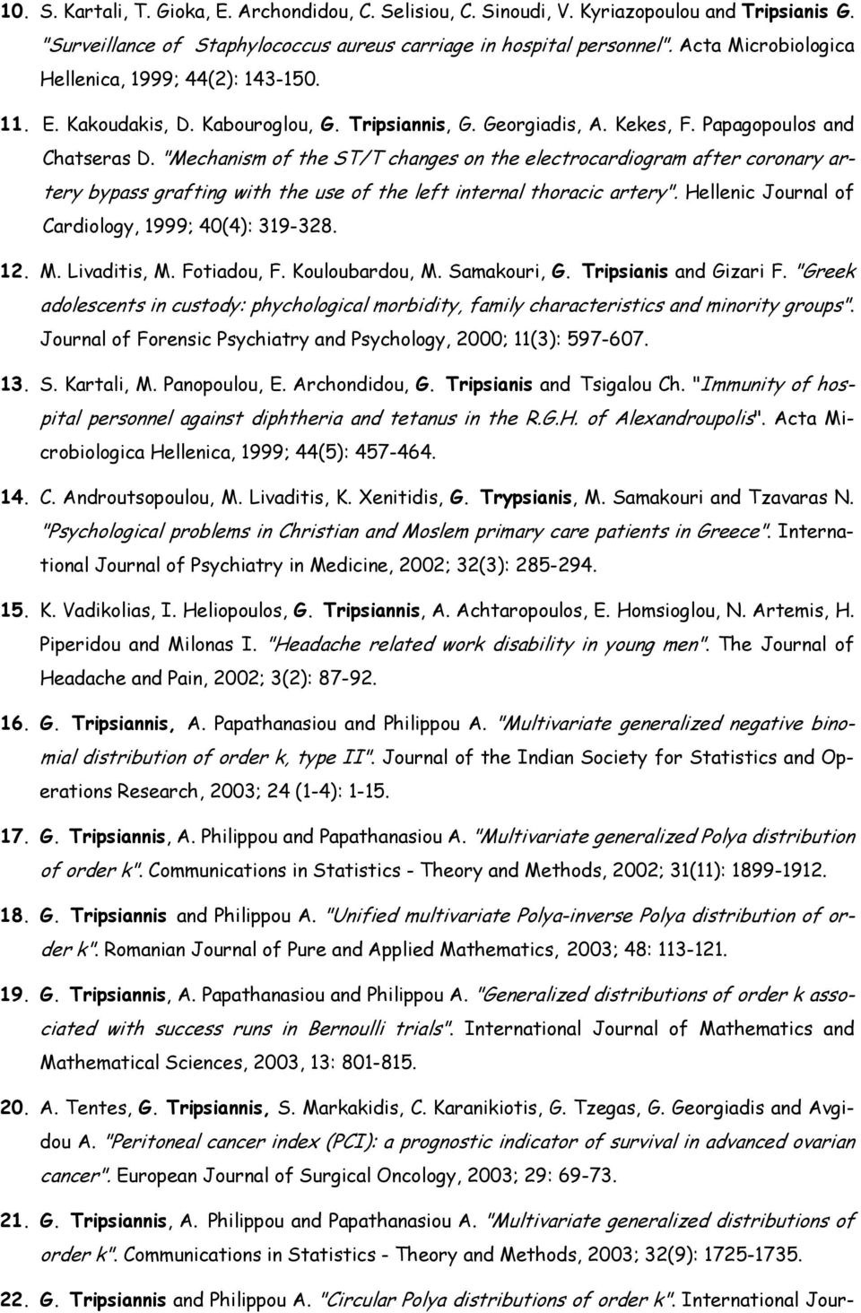 "Mechanism of the ST/T changes on the electrocardiogram after coronary artery bypass grafting with the use of the left internal thoracic artery". Hellenic Journal of Cardiology, 1999; 40(4): 319-328.