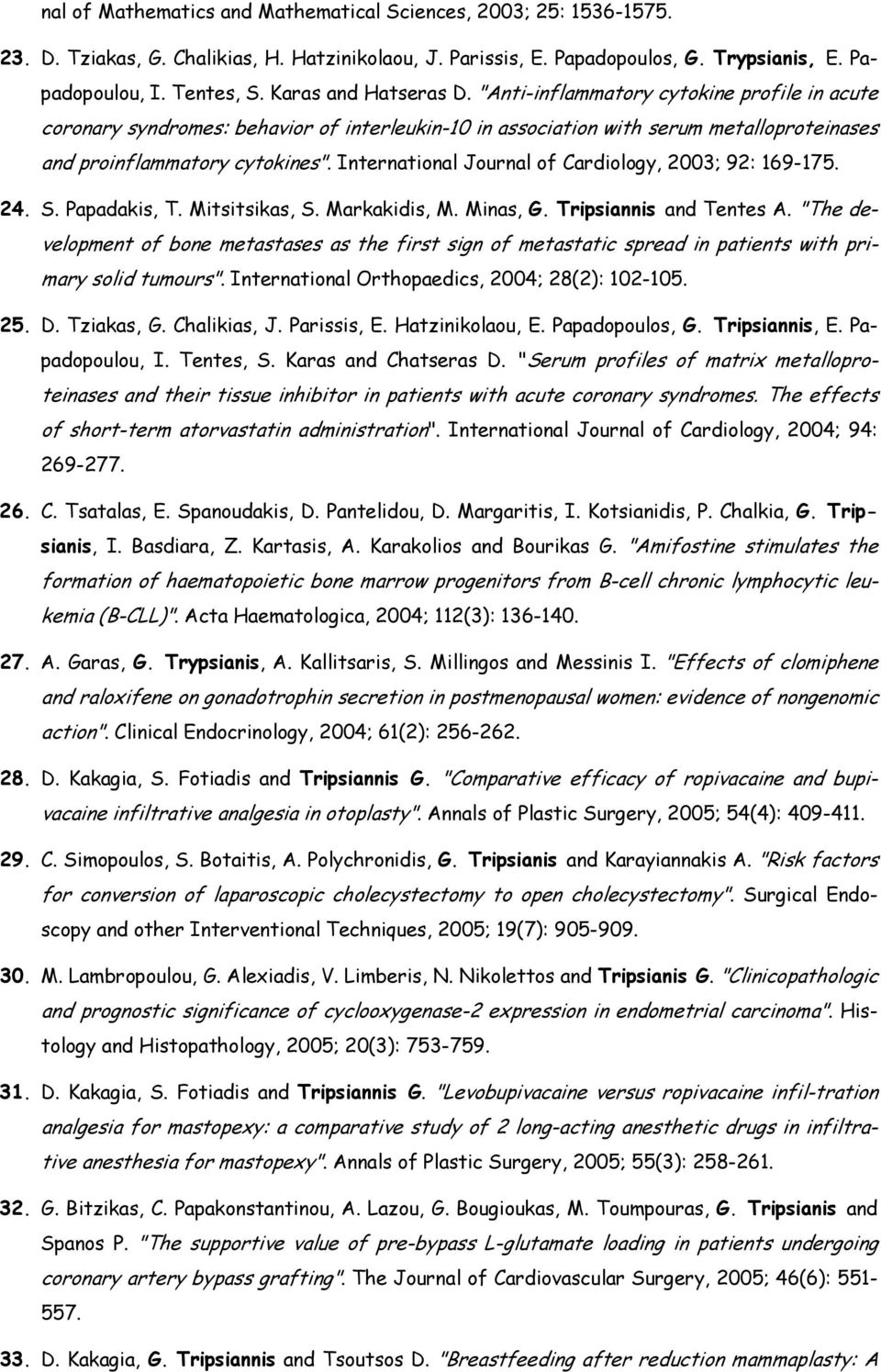 International Journal of Cardiology, 2003; 92: 169-175. 24. S. Papadakis, T. Mitsitsikas, S. Markakidis, M. Minas, G. Tripsiannis and Tentes A.