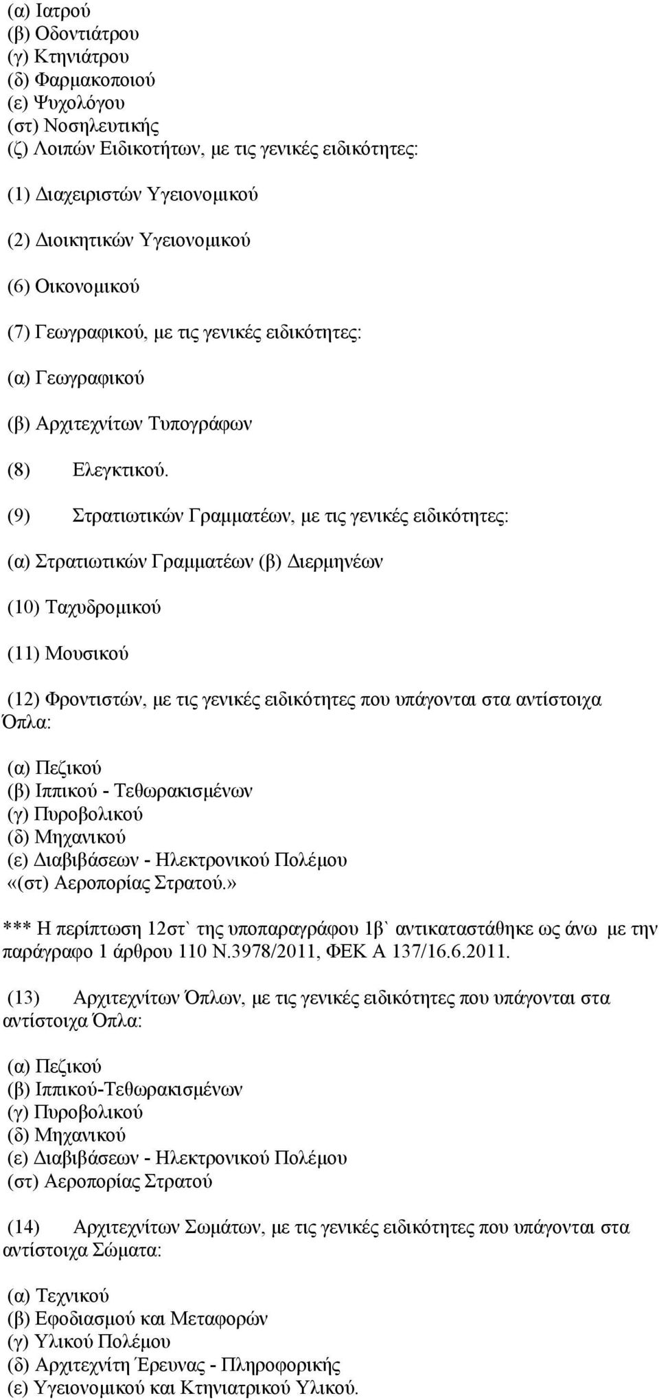 (9) Στρατιωτικών Γραμματέων, με τις γενικές ειδικότητες: (α) Στρατιωτικών Γραμματέων (β) Διερμηνέων (10) Ταχυδρομικού (11) Μουσικού (12) Φροντιστών, με τις γενικές ειδικότητες που υπάγονται στα