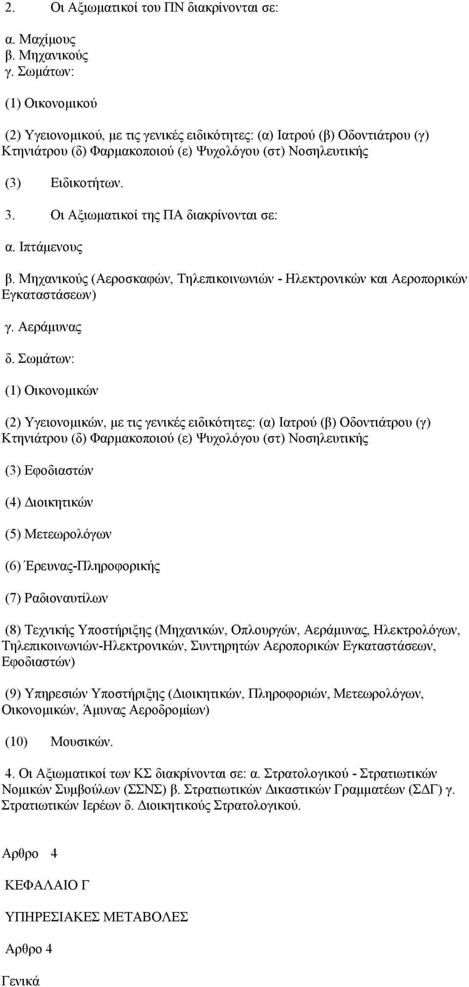 Οι Αξιωματικοί της ΠΑ διακρίνονται σε: α. Ιπτάμενους β. Μηχανικούς (Αεροσκαφών, Τηλεπικοινωνιών - Ηλεκτρονικών και Αεροπορικών Εγκαταστάσεων) γ. Αεράμυνας δ.