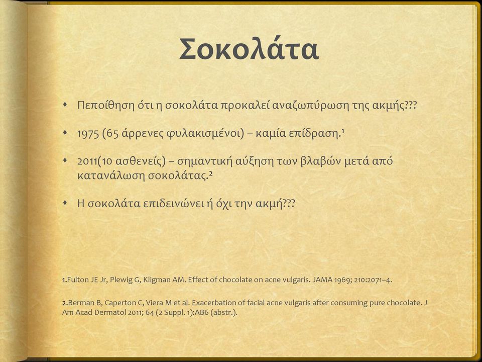 Fulton JE Jr, Plewig G, Kligman AM. Effect of chocolate on acne vulgaris. JAMA 1969; 210:2071 4. 2.Berman B, Caperton C, Viera M et al.