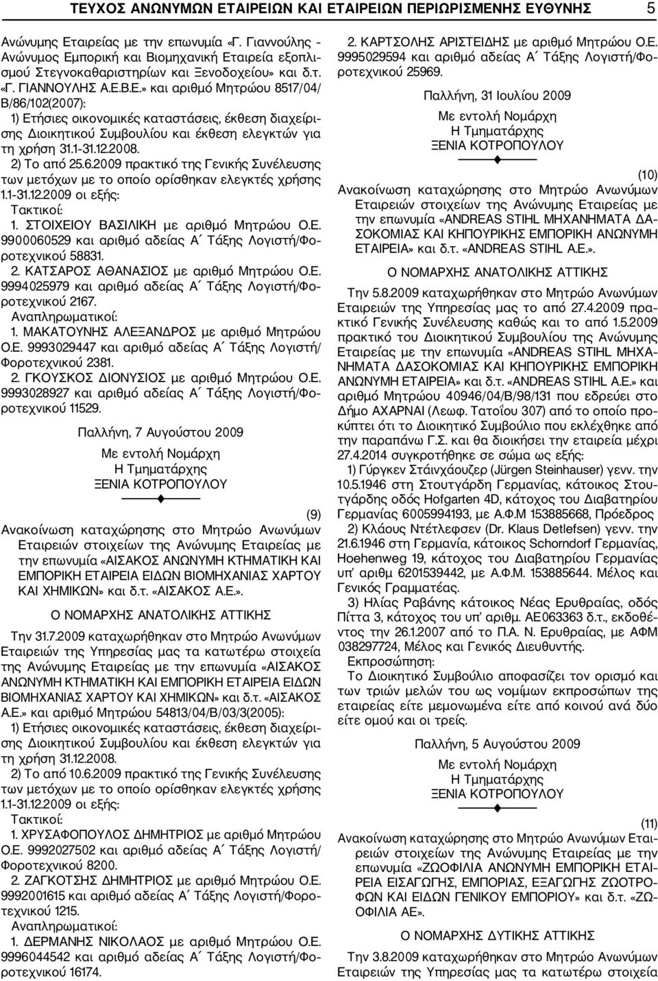 1 31.12.2008. 2) Το από 25.6.2009 πρακτικό της Γενικής Συνέλευσης των μετόχων με το οποίο ορίσθηκαν ελεγκτές χρήσης 1.1 31.12.2009 οι εξής: Τακτικοί: 1. ΣΤΟΙΧΕΙΟΥ ΒΑΣΙΛΙΚΗ με αριθμό Μητρώου O.E.