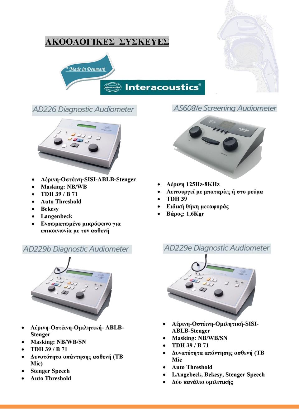 Αέρινη-Οστέινη-Ομιλητική- ABLB- Stenger Masking: NB/WB/SN TDH 39 / B 71 Δυνατότητα απάντησης ασθενή (ΤΒ Mic) Stenger Speech Auto Threshold