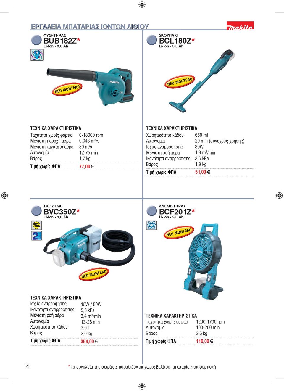 ÔéìÞ χωρίς ΦΠΑ 51,00 ΣΚΟΥΠΑΚΙ BVC350Z* Li-Ion - 3,0 Ah ΑΝΕΜΙΣΤΗΡΑΣ BCF201Z* Li-Ion - 3,0 Ah Ισχύς αναρρόφησης 15W / 50W Ικανότητα αναρρόφησης 5,5 kpa Μέγιστη ροή αέρα 3,4 m 3 /min Αυτονομία 13-26 min