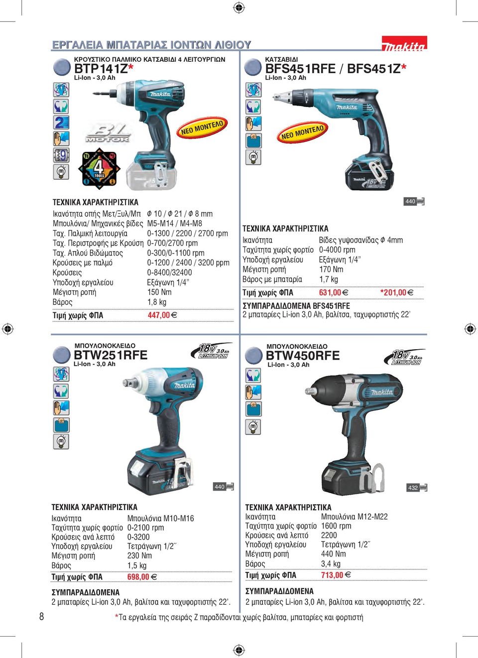 Απλού Βιδώματος 0-300/0-1100 rpm Κρούσεις με παλμό 0-1200 / 2400 / 3200 ppm Κρούσεις 0-8400/32400 Υποδοχή εργαλείου Εξάγωνη 1/4 ÌÝãéóôç ñïðþ 150 Nm 1,8 kg ÔéìÞ χωρίς ΦΠΑ 447,00 440 Éêáíüôçôá Ôá ýôçôá