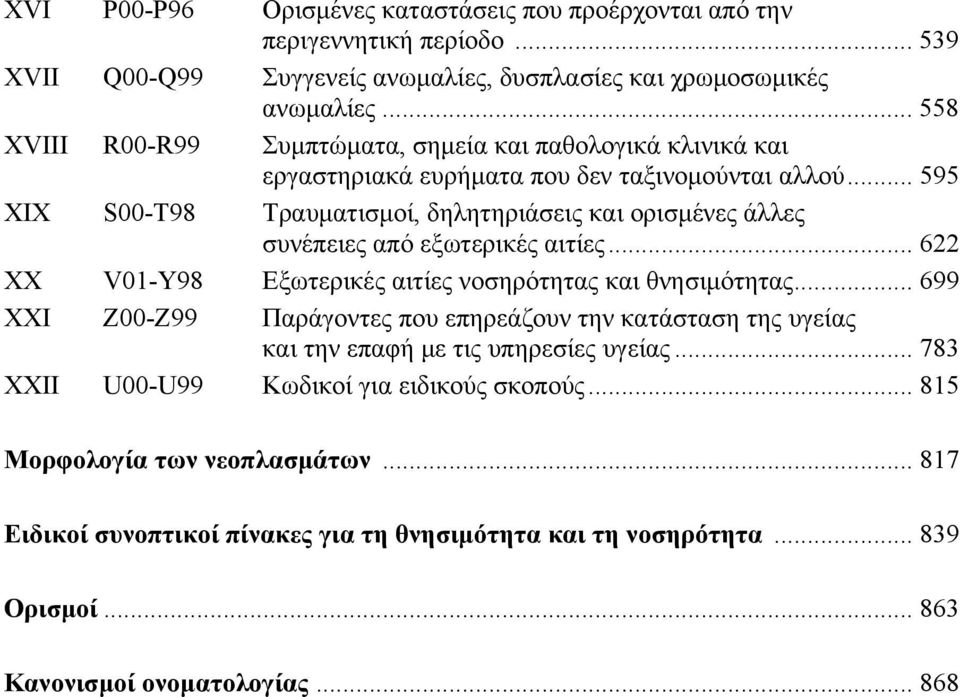 .. 595 XIX S00-T98 Τραυματισμοί, δηλητηριάσεις και ορισμένες άλλες συνέπειες από εξωτερικές αιτίες... 622 XX V01-Y98 Εξωτερικές αιτίες νοσηρότητας και θνησιμότητας.