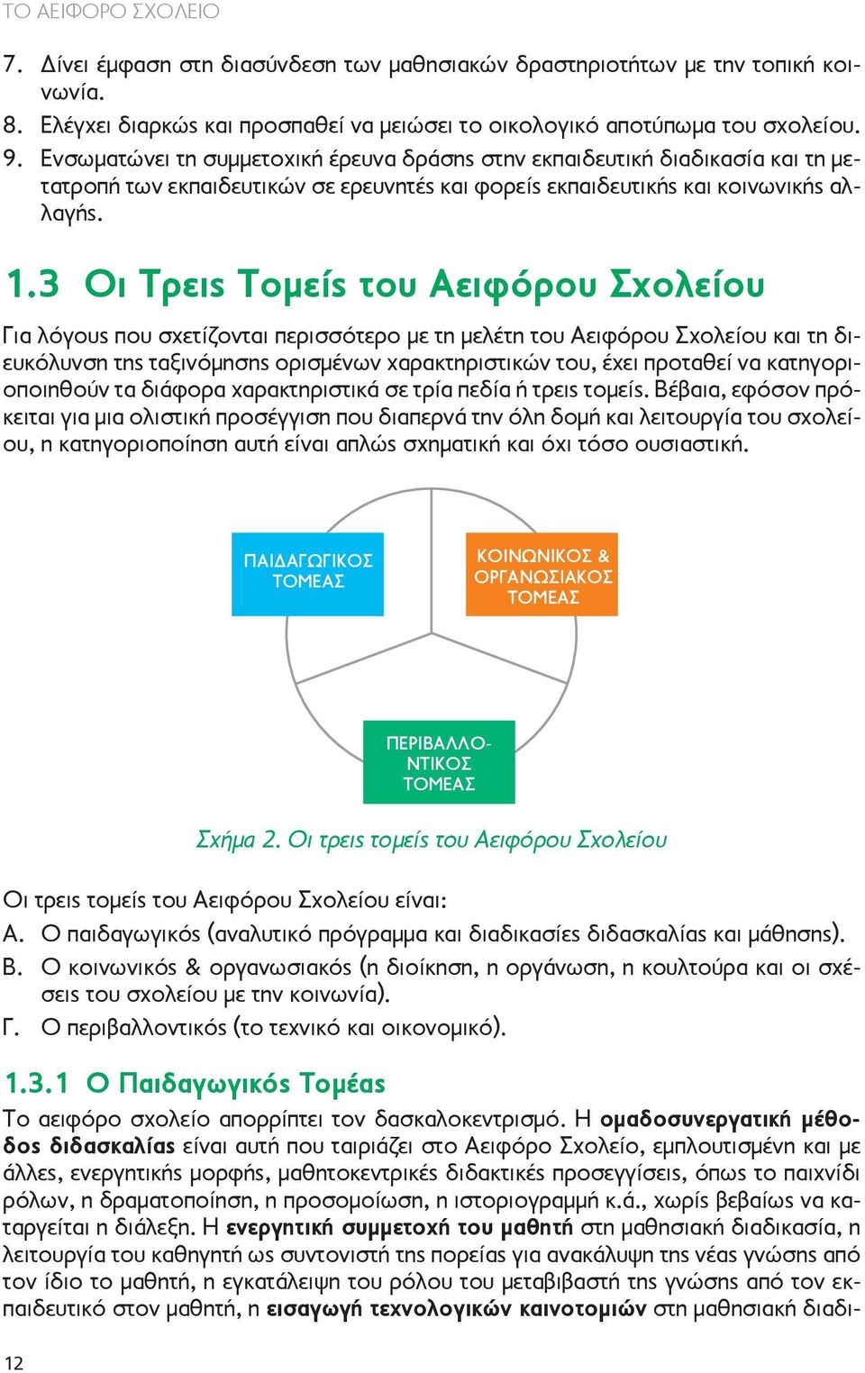 3 Οι Τρεις Τομείς του Aειφόρου Σχολείου Για λόγους που σχετίζονται περισσότερο με τη μελέτη του Αειφόρου Σχολείου και τη διευκόλυνση της ταξινόμησης ορισμένων χαρακτηριστικών του, έχει προταθεί να