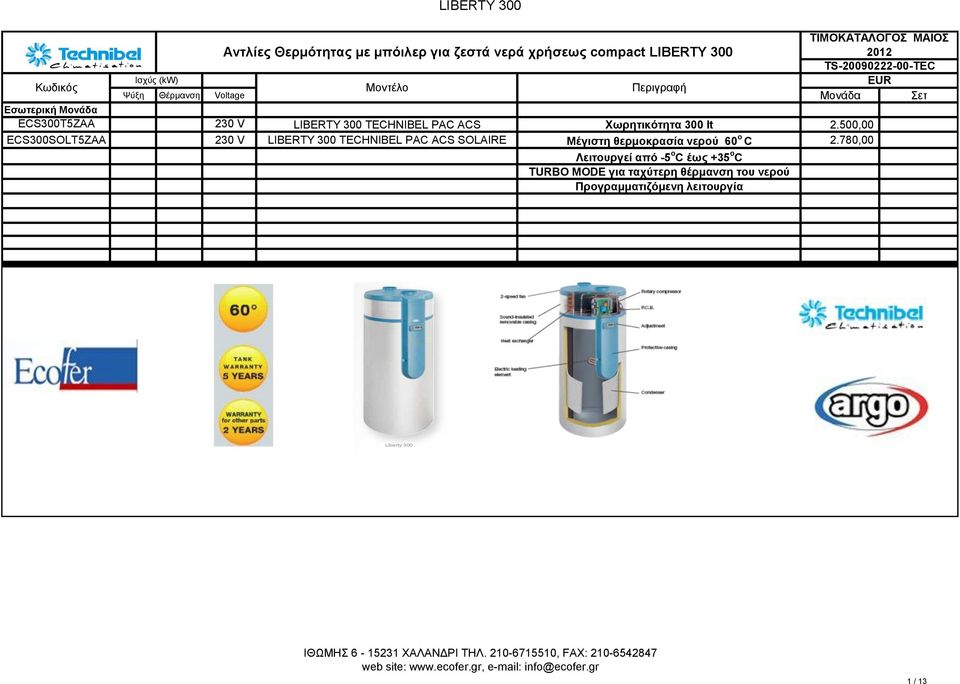 500,00 ECS300SOLT5ZAA 230 V LIBERTY 300 TECHNIBEL PAC ACS SOLAIRE Mέγιστη θερμοκρασία νερού 60 ο C 2.