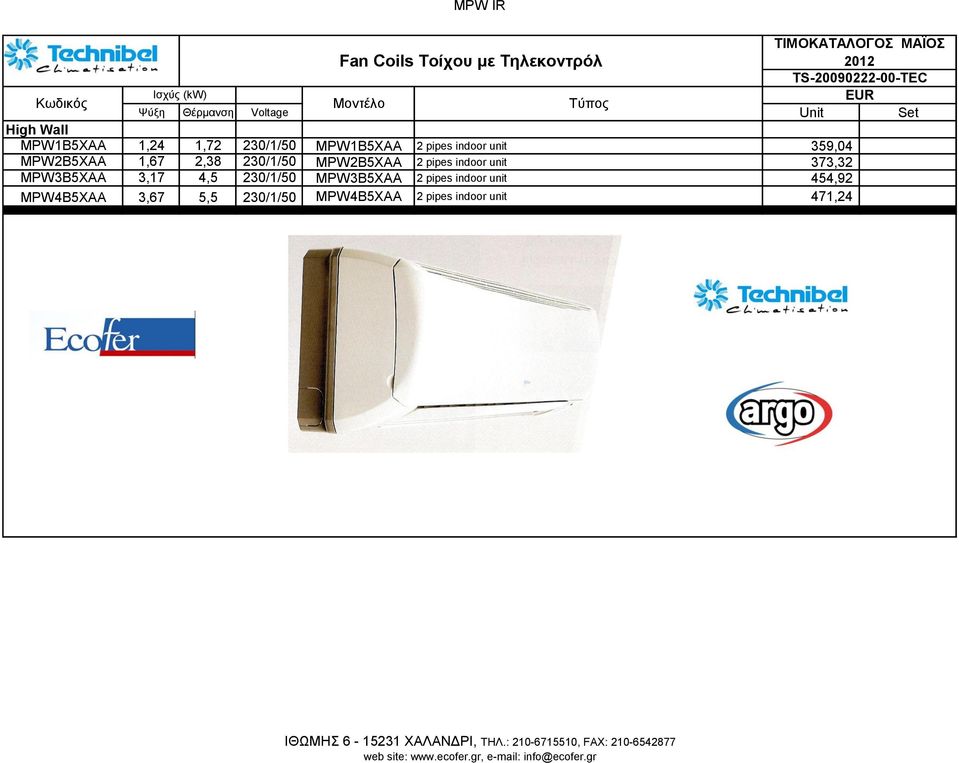 unit 373,32 MPW3B5XAA 3,17 4,5 230/1/50 MPW3B5XAA 2 pipes indoor unit 454,92 MPW4B5XAA 3,67 5,5