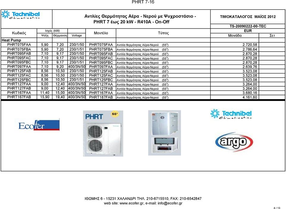 870,28 PHRT095FAC 7,10 9,17 230/1/50 PHRT095FAC Αντλία θερμότητας Αέρα-Νερού (55 ο ) 2.870,28 PHRT095FBC 7,10 9,17 230/1/51 PHRT095FBC Αντλία θερμότητας Αέρα-Νερού (55 ο ) 2.