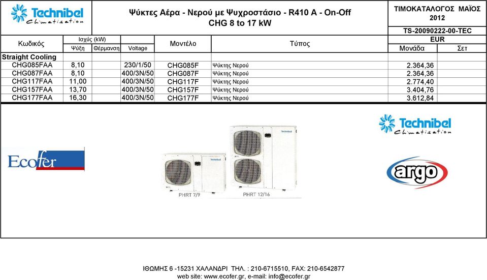 364,36 CHG117FAA 11,00 400/3N/50 CHG117F Ψύκτης Νερού 2.