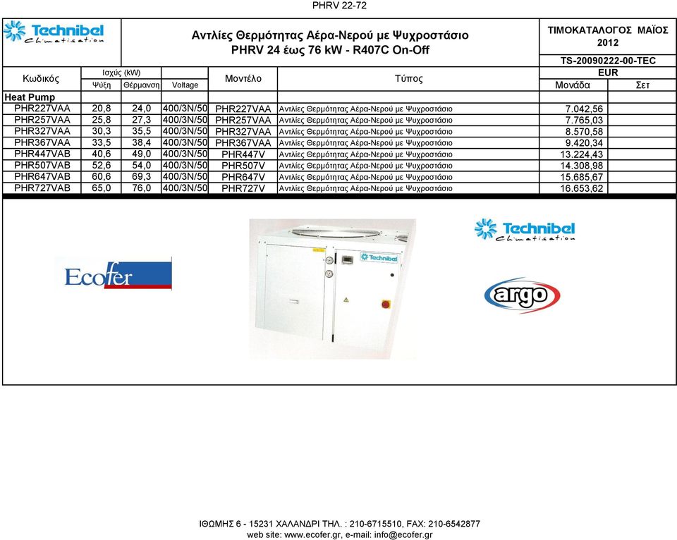 570,58 PHR367VAA 33,5 38,4 400/3N/50 PHR367VAA Αντλίες Θερμότητας Αέρα-Νερού με Ψυχροστάσιο 9.420,34 PHR447VAB 40,6 49,0 400/3N/50 PHR447V Αντλίες Θερμότητας Αέρα-Νερού με Ψυχροστάσιο 13.