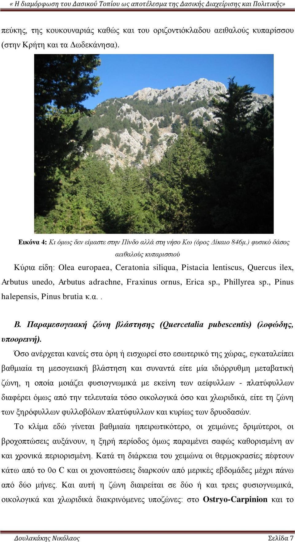 , Pinus halepensis, Pinus brutia κ.α.. Β. Παραμεσογειακή ζώνη βλάστησης (Quercetalia pubescentis) (λοφώδης, υποορεινή).