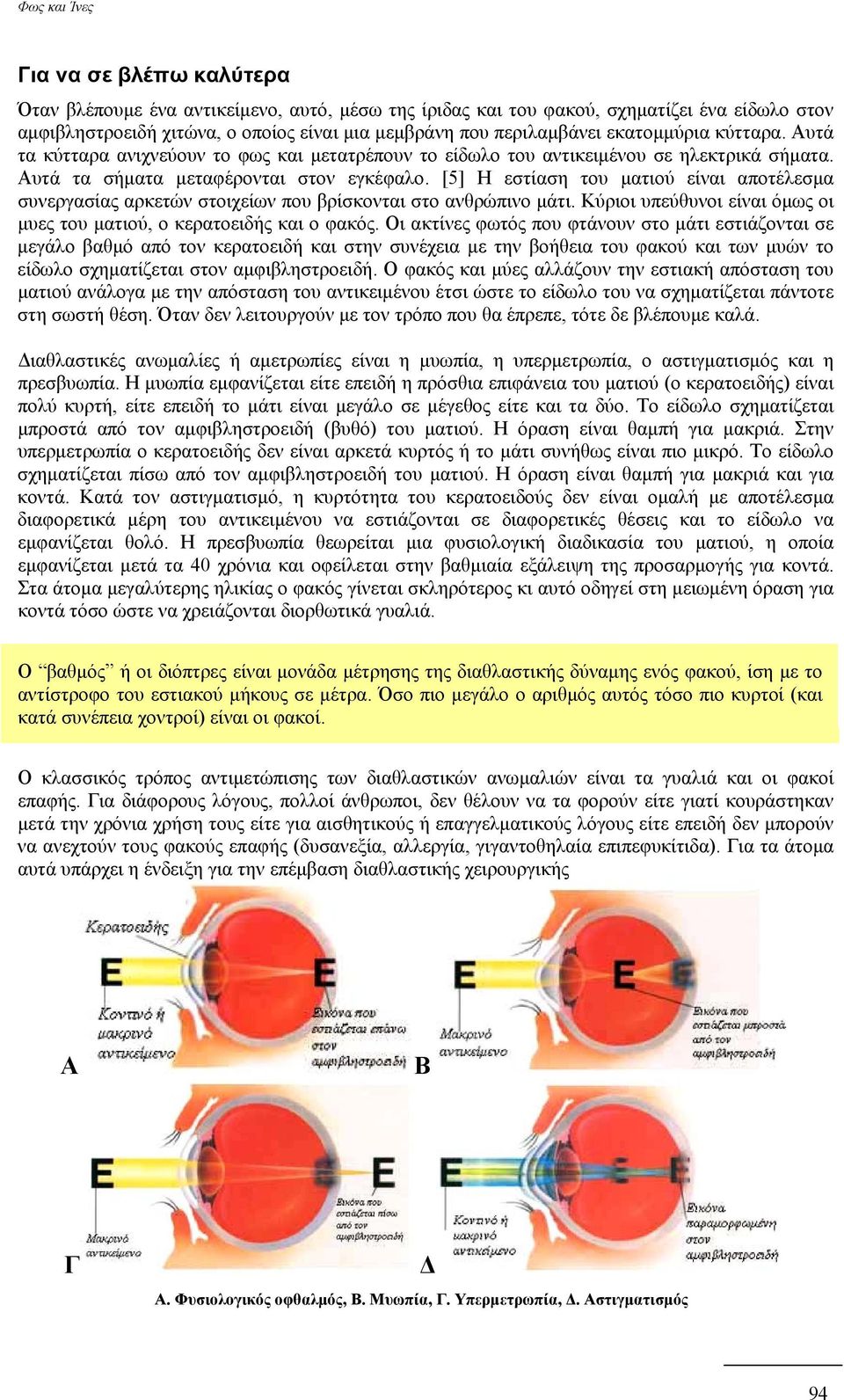 [5] Η εστίαση του ματιού είναι αποτέλεσμα συνεργασίας αρκετών στοιχείων που βρίσκονται στο ανθρώπινο μάτι. Κύριοι υπεύθυνοι είναι όμως οι μυες του ματιού, ο κερατοειδής και ο φακός.