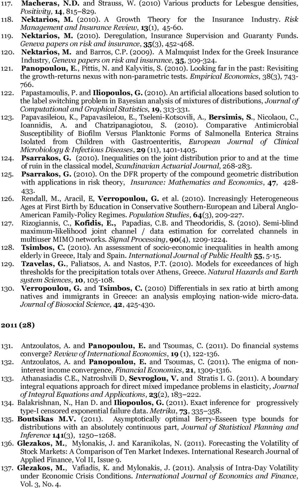 Nektarios, M. and Barros, C.P. (2009). A Malmquist Index for the Greek Insurance Industry, Geneva papers on risk and insurance, 35, 309-324. 121. Panopoulou, E., Pittis, N. and Kalyvitis, S. (2010).