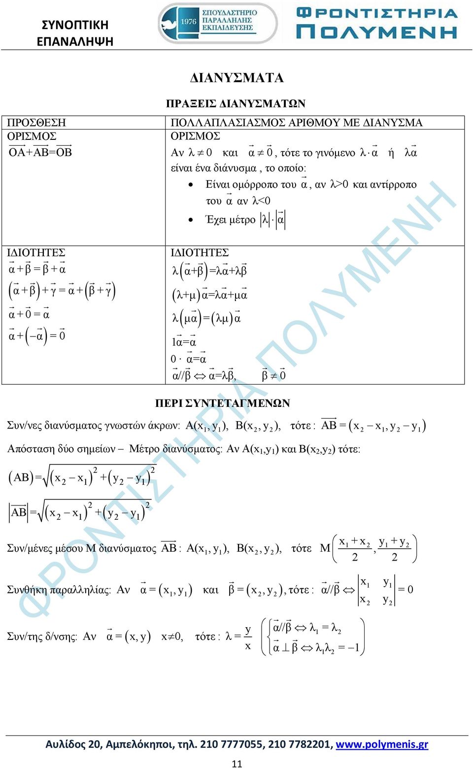 ΣΥΝΤΕΤΑΓΜΕΝΩΝ Συν/νες διανύσματος γνωστών άκρων: A(x, y ), B(x, y ), τότε : AB = ( x x, y y ) 1 1 1 1 Απόσταση δύο σημείων Μέτρο διανύσματος: Αν Α(x 1,y 1 ) και Β(x,y ) τότε: 1 1 ( AB ) = ( x x ) + (