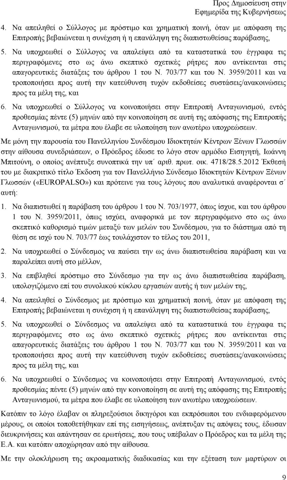 703/77 και του Ν. 3959/2011 και να τροποποιήσει προς αυτή την κατεύθυνση τυχόν εκδοθείσες συστάσεις/ανακοινώσεις προς τα µέλη της, και 6.