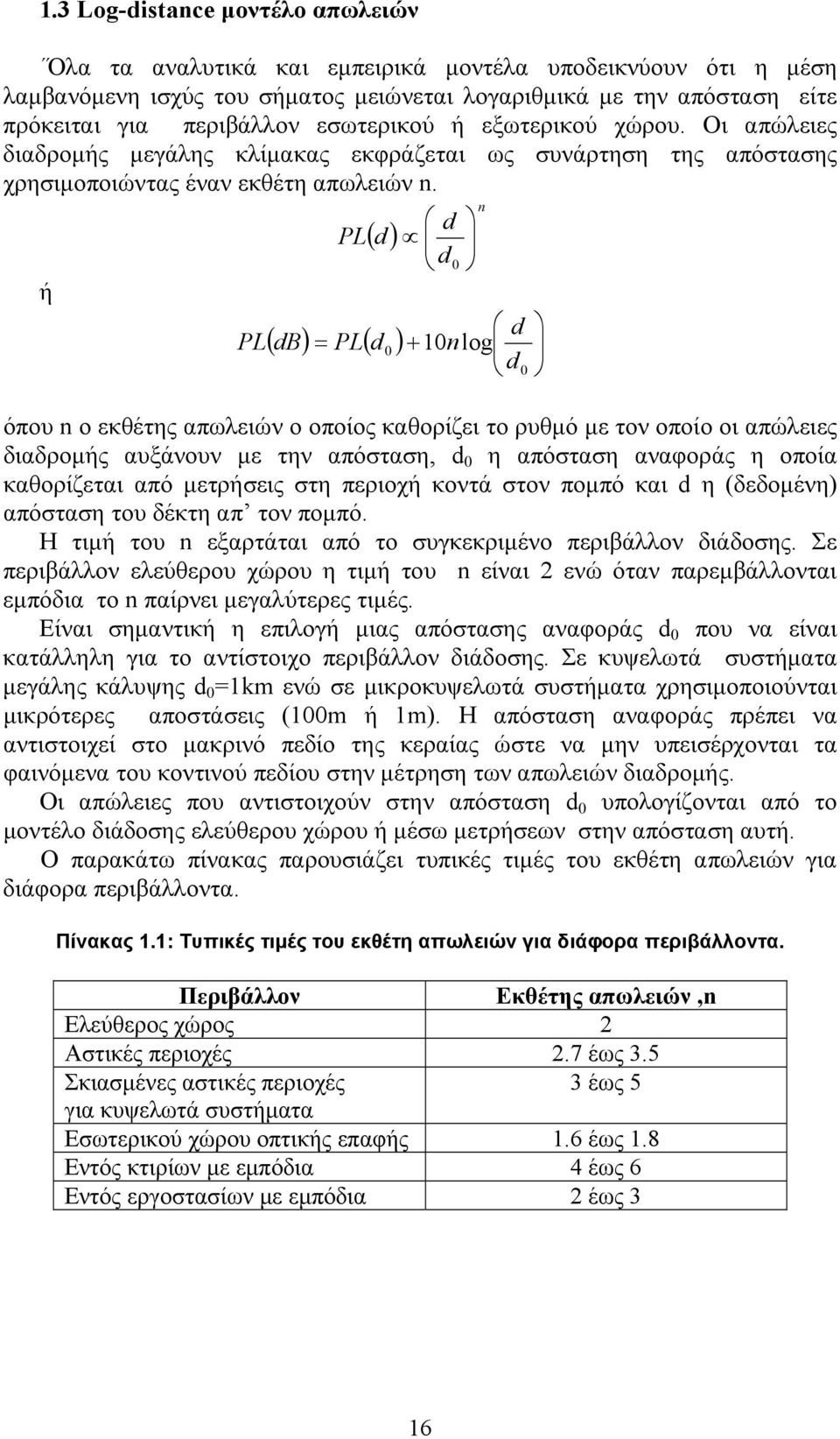 ή PL PL ( d ) d d 0 ( db) = PL( d ) + 0 10nlog d 0 όπου n ο εκθέτης απωλειών ο οποίος καθορίζει το ρυθμό με τον οποίο οι απώλειες διαδρομής αυξάνουν με την απόσταση, d 0 η απόσταση αναφοράς η οποία