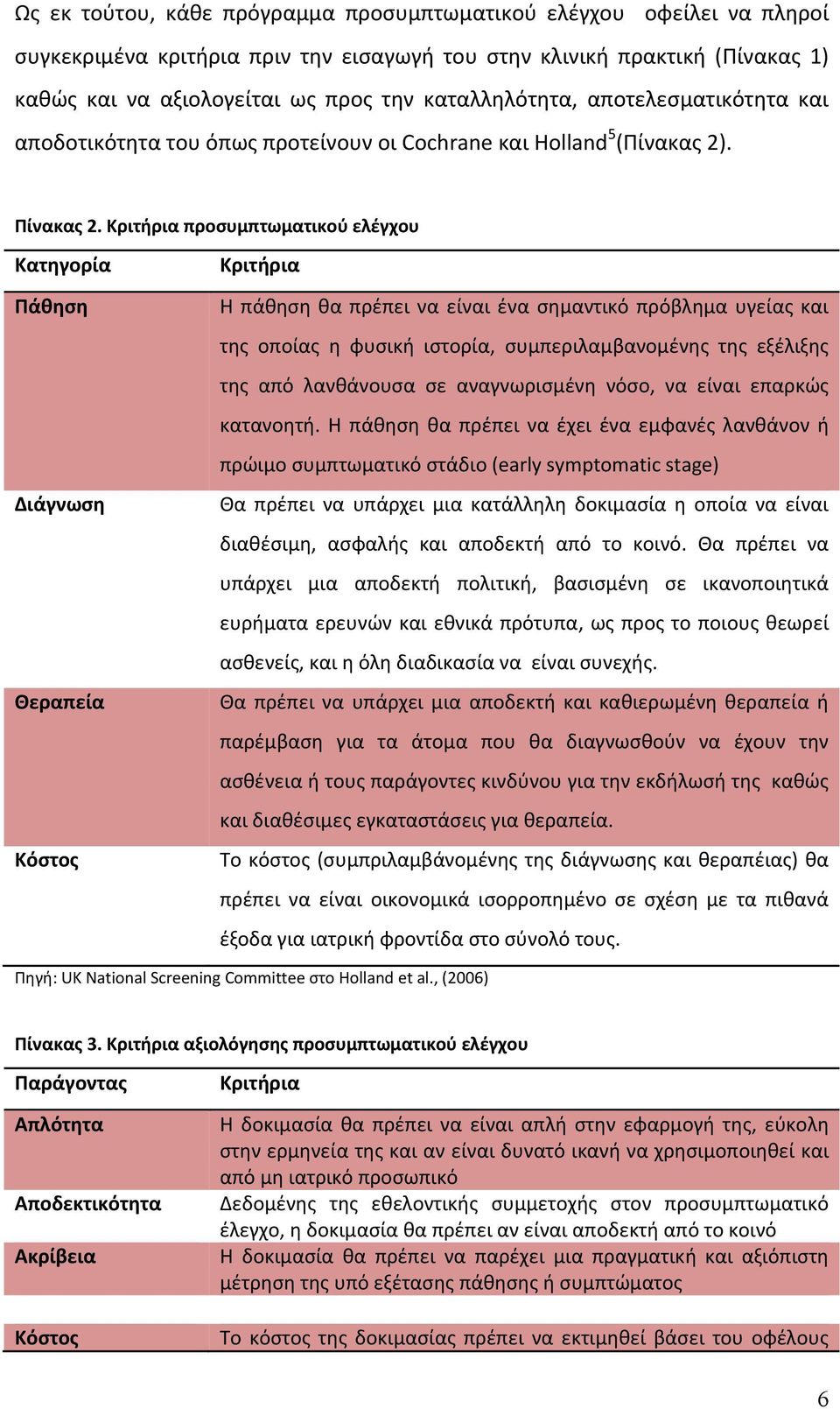 Κριτήρια προσυμπτωματικού ελέγχου Κατηγορία Πάθηση Διάγνωση Θεραπεία Κόστος Κριτήρια Η πάθηση θα πρέπει να είναι ένα σημαντικό πρόβλημα υγείας και της οποίας η φυσική ιστορία, συμπεριλαμβανομένης της