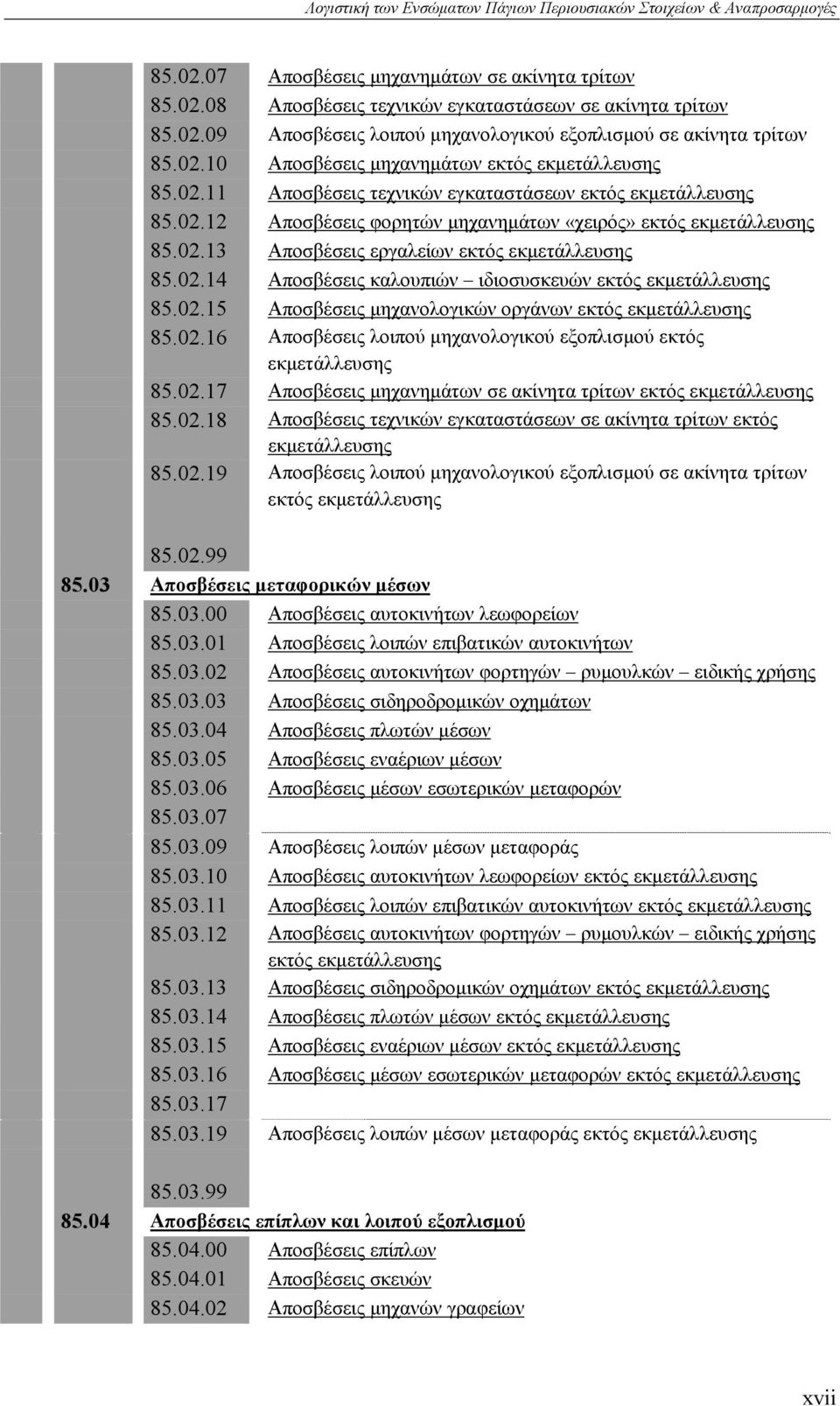 02.14 Αποσβέσεις καλουπιών ιδιοσυσκευών εκτός εκμετάλλευσης 85.02.15 Αποσβέσεις μηχανολογικών οργάνων εκτός εκμετάλλευσης 85.02.16 Αποσβέσεις λοιπού μηχανολογικού εξοπλισμού εκτός εκμετάλλευσης 85.02.17 Αποσβέσεις μηχανημάτων σε ακίνητα τρίτων εκτός εκμετάλλευσης 85.