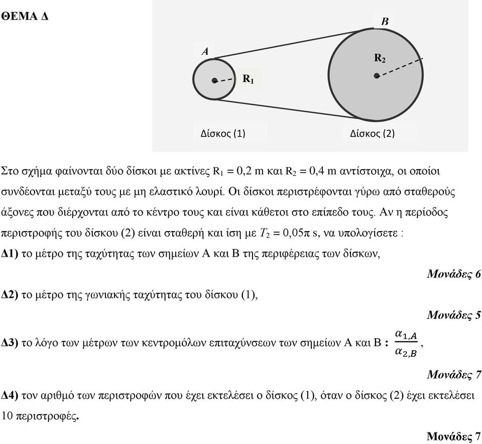 Αν η πεπίοδορ πεπιζηποθήρ ηος δίζκος (2) είναι ζηαθεπή και ίζη με Τ 2 = 0,05π s, να ςπολογίζεηε : Δ1) ηο μέηπο ηηρ ηασύηηηαρ ηων ζημείων Α και Β ηηρ πεπιθέπειαρ ηων δίζκων, Δ2)