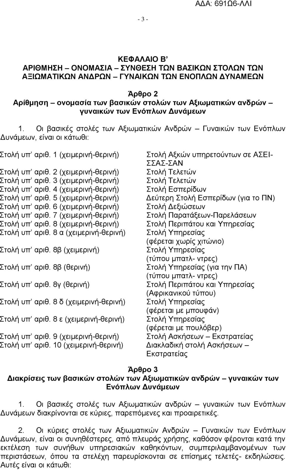 1 (χειμερινή-θερινή) Στολή Αξκών υπηρετούντων σε ΑΣΕΙ- ΣΣΑΣ-ΣΑΝ Στολή υπ αριθ. 2 (χειμερινή-θερινή) Στολή Τελετών Στολή υπ αριθ. 3 (χειμερινή-θερινή) Στολή Τελετών Στολή υπ αριθ.