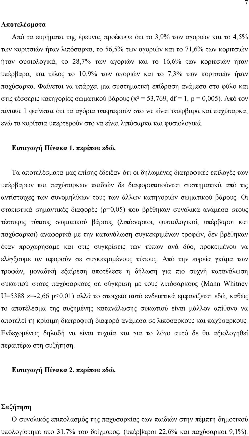 Φαίνεται να υπάρχει μια συστηματική επίδραση ανάμεσα στο φύλο και στις τέσσερις κατηγορίες σωματικού βάρους (x² = 53,769, df = 1, p = 0,005).