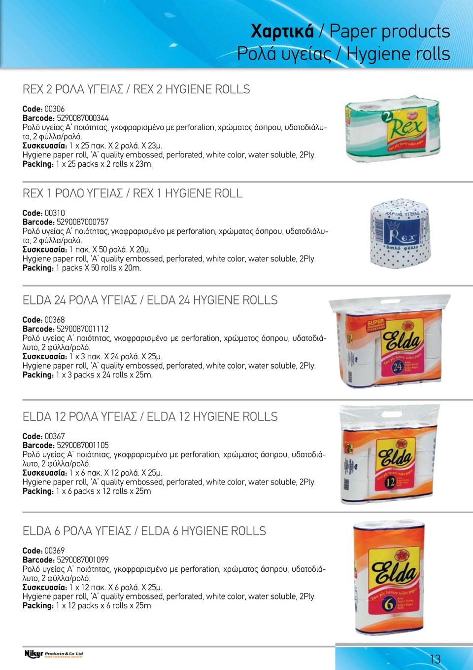 Χαρτικά / Paper products Ρολά υγείας / Hygiene rolls REX 1 ρολό υγείας / REX 1 Hygiene roll Code: 00310 Barcode: 5290087000757 Ρολό υγείας Α ποιότητας, γκοφραρισμένo με perforation, χρώματος άσπρου,