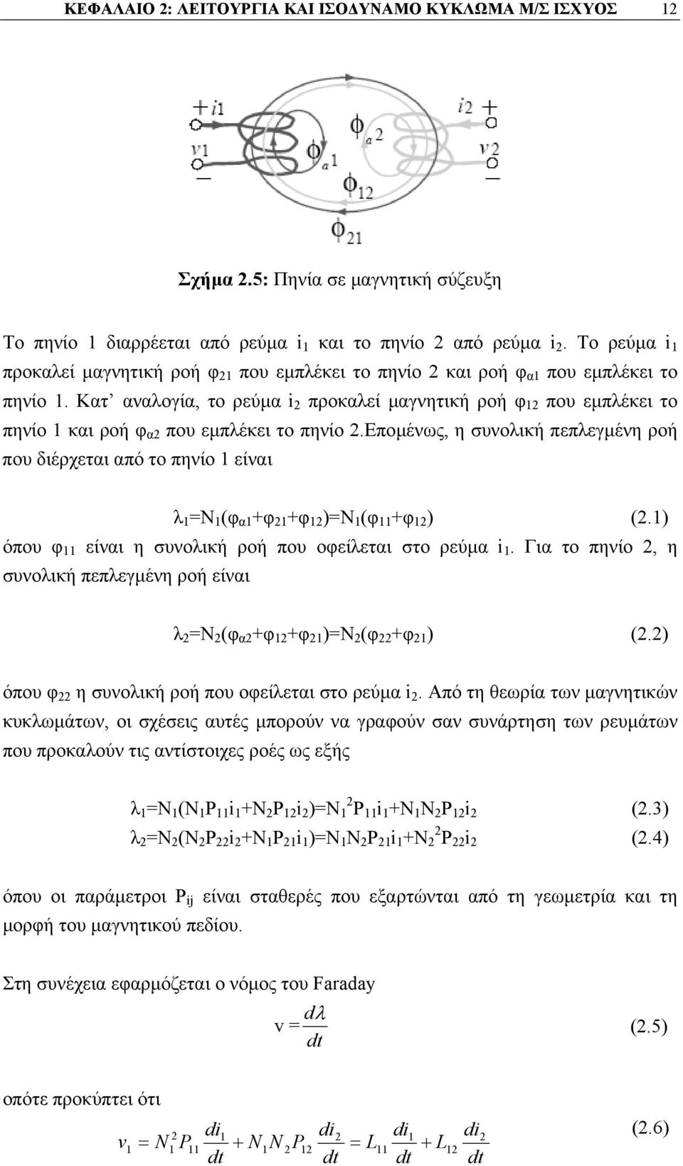 Κατ αναλογία, το ρεύµα i 2 προκαλεί µαγνητική ροή φ 12 που εµπλέκει το πηνίο 1 και ροή φ α2 που εµπλέκει το πηνίο 2.