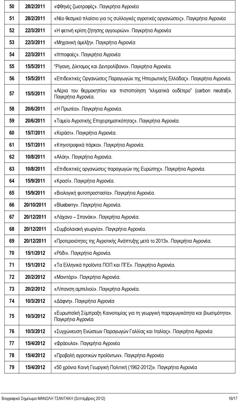 Παγκρήτια Αγρονέα. 57 15/5/2011 «Αέρια του θερμοκηπίου και πιστοποίηση κλιματικά ουδέτερο (carbon neutral)». Παγκρήτια Αγρονέα. 58 20/6/2011 «Η Πρωτέα». Παγκρήτια Αγρονέα. 59 20/6/2011 «Ταμείο Αγροτικής Επιχειρηματικότητας».