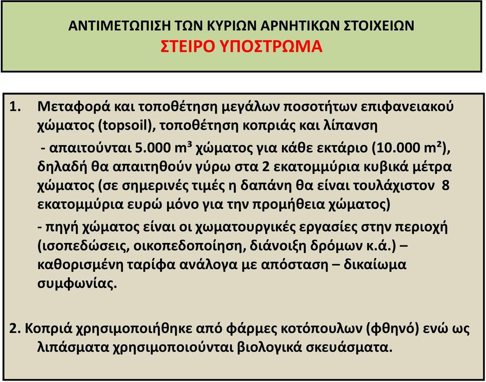 000 m²), δηλαδή θα απαιτηθούν γύρω στα 2 εκατομμύρια κυβικά μέτρα χώματος (σε σημερινές τιμές η δαπάνη θα είναι τουλάχιστον 8 εκατομμύρια ευρώ μόνο για την προμήθεια