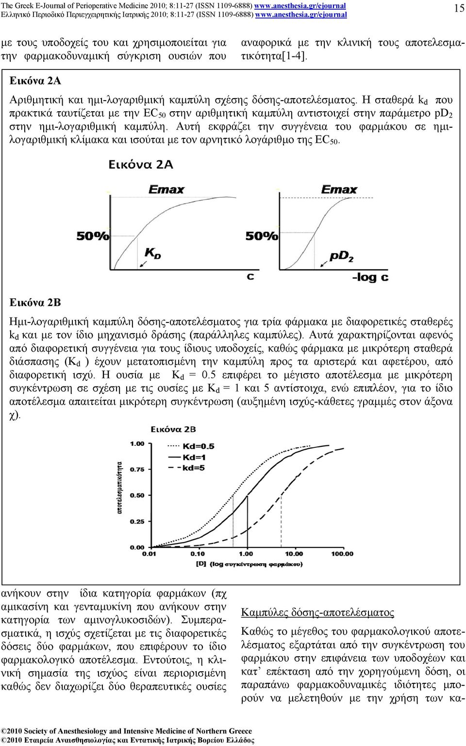 Η σταθερά k d που πρακτικά ταυτίζεται µε την EC 50 στην αριθµητική καµπύλη αντιστοιχεί στην παράµετρο pd 2 στην ηµι-λογαριθµική καµπύλη.