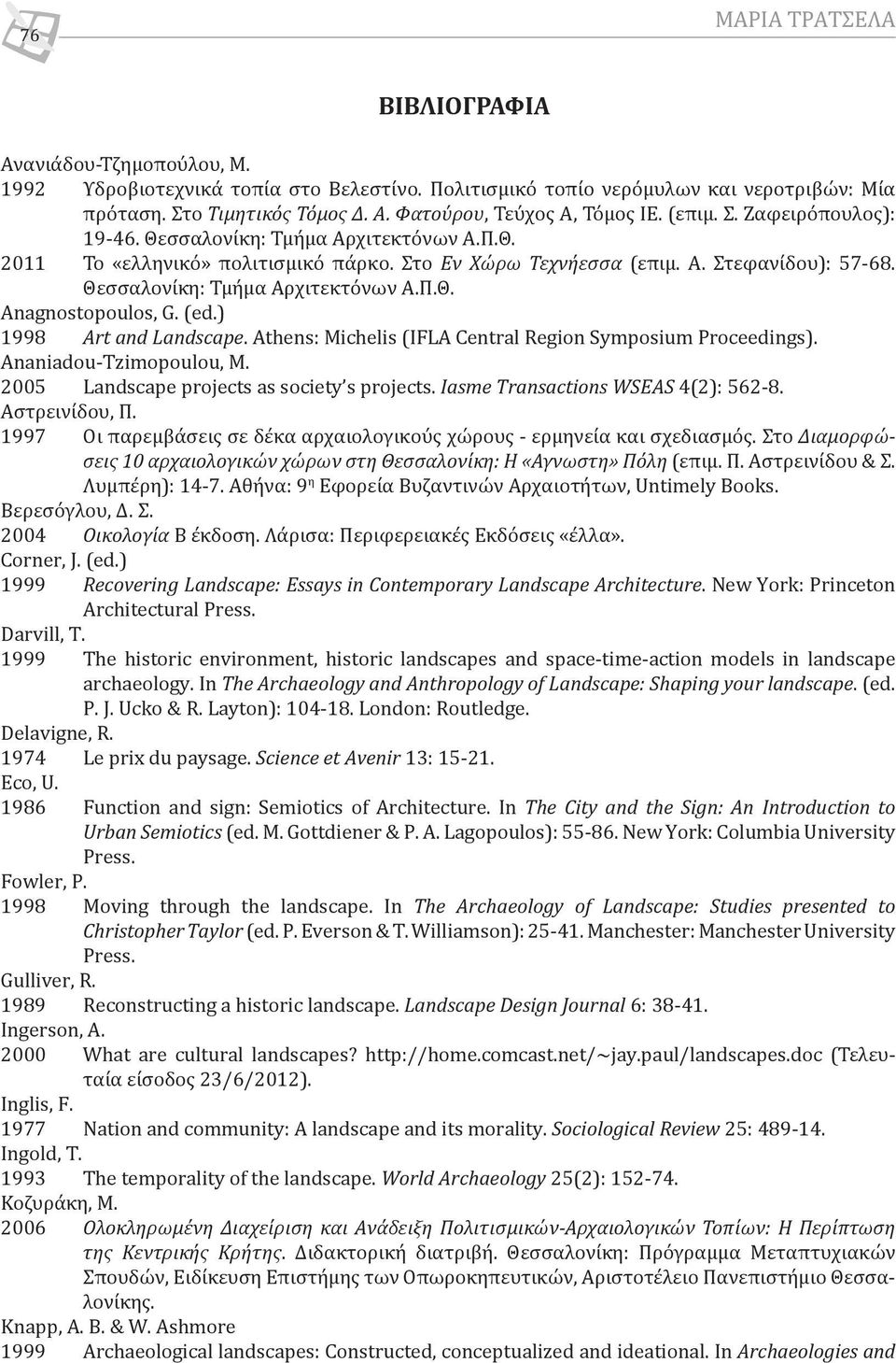 (ed.) 1998 Art and Landscape. Athens: Michelis (IFLA Central Region Symposium Proceedings). Ananiadou-Tzimopoulou, M. 2005 Landscape projects as society s projects.