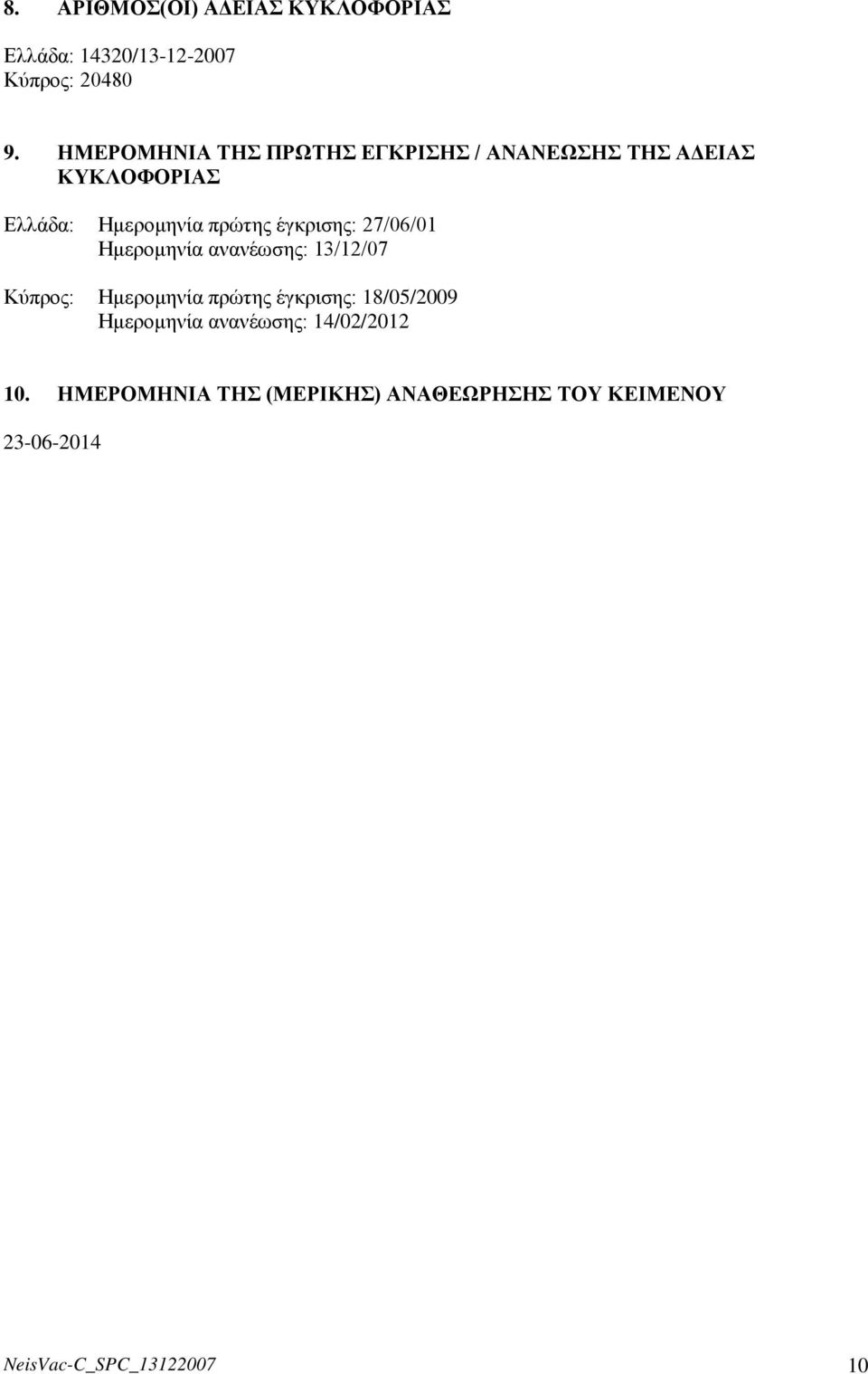 έγκρισης: 27/06/01 Ημερομηνία ανανέωσης: 13/12/07 Κύπρος: Ημερομηνία πρώτης έγκρισης: 18/05/2009