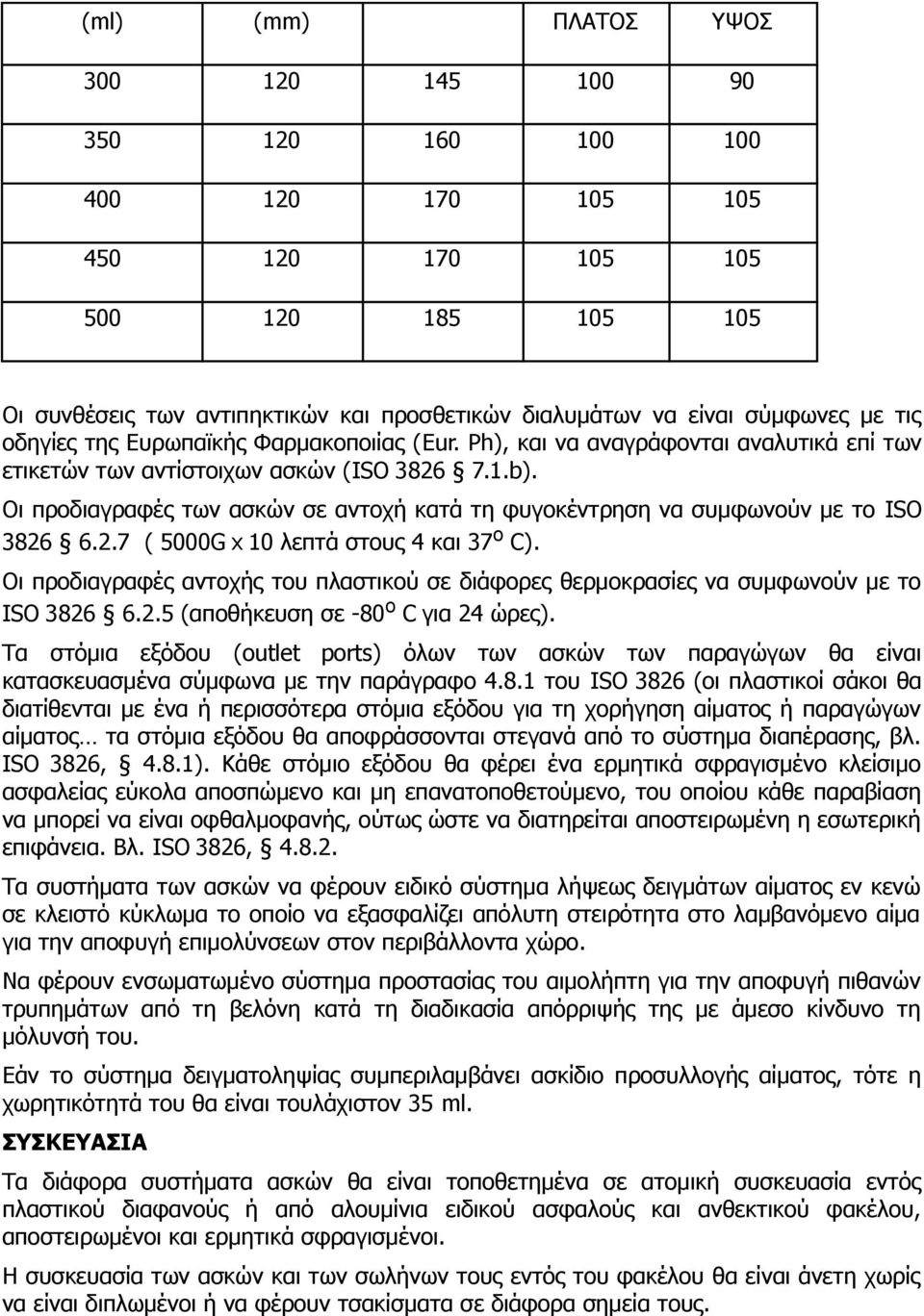 Οι προδιαγραφές των ασκών σε αντοχή κατά τη φυγοκέντρηση να συμφωνούν με το ISO 3826 6.2.7 ( 5000G x 10 λεπτά στους 4 και 37 ο C).