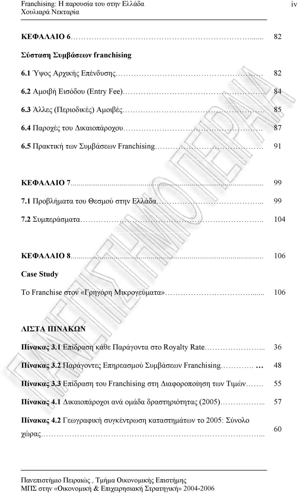 .. 106 Case Study Το Franchise στον «Γρηγόρη Μικρογεύματα»... 106 ΛΙΣΤΑ ΠΙΝΑΚΩΝ Πίνακας 3.1 Επίδραση κάθε Παράγοντα στο Royalty Rate... 36 Πίνακας 3.