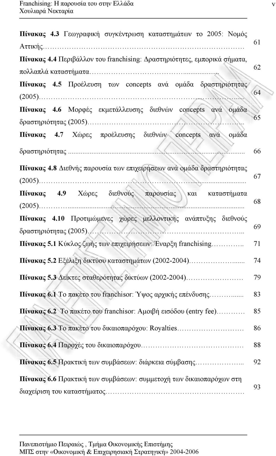 8 Διεθνής παρουσία των επιχειρήσεων ανά ομάδα δραστηριότητας (2005)... 67 Πίνακας 4.9 Χώρες διεθνούς παρουσίας και καταστήματα (2005)... 68 Πίνακας 4.