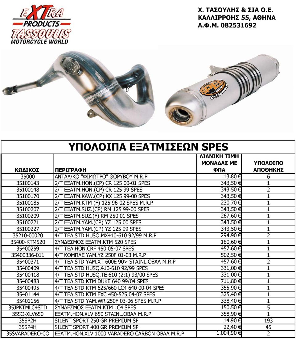 YAM.(CP) YZ 125 00 SPES 343,50 1 35100227 2/T ΕΞΑΤΜ.YAM.(CP) YZ 125 99 SPES 343,50 1 35210-00020 4/T ΤΕΛ.STD HUSQ.MX410-610 92/99 M.R.P 294,90 2 35400-KTM520 ΣΥΝΔΕΣΜΟΣ ΕΞΑΤΜ.