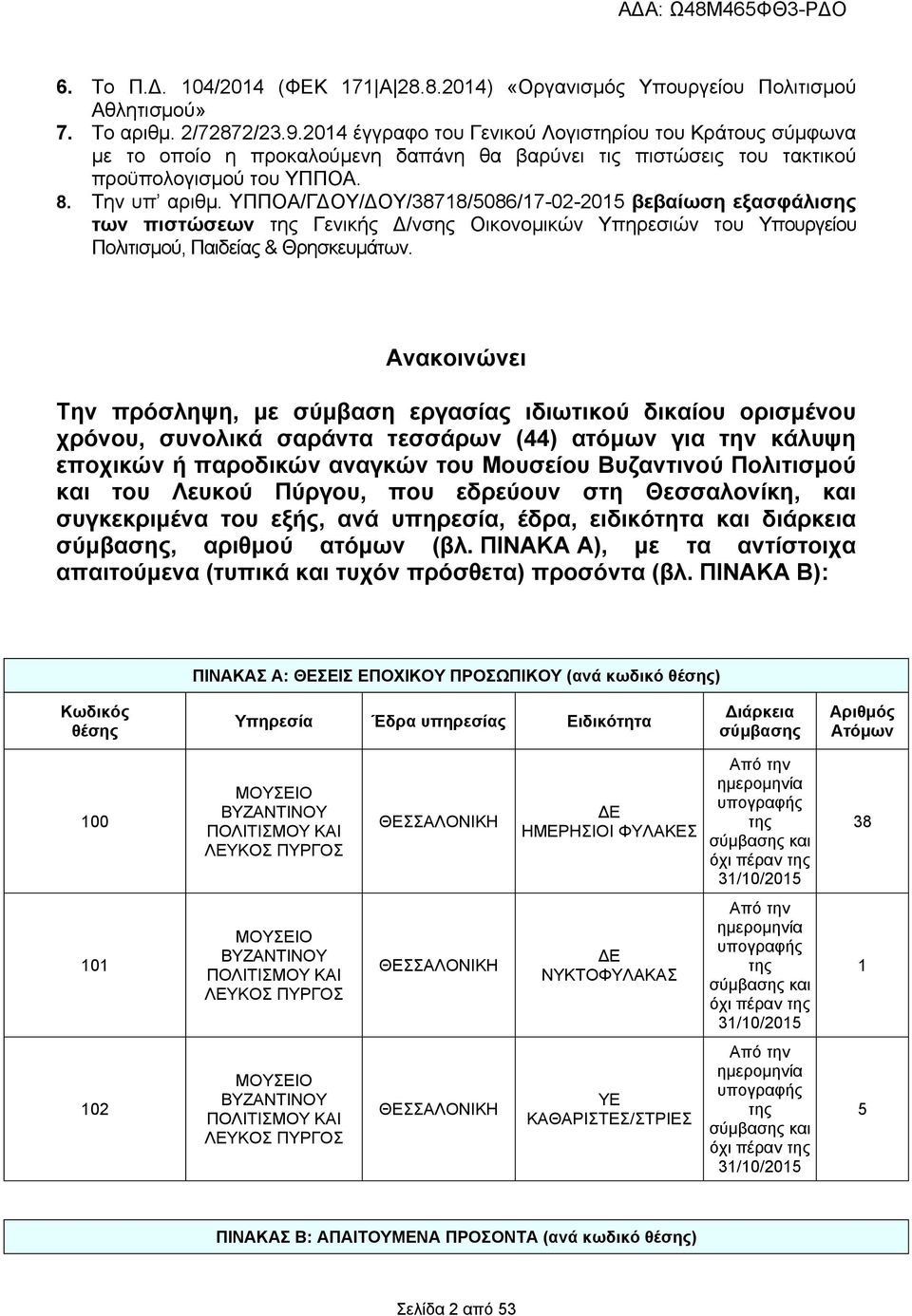 ΥΠΠΟΑ/ΓΔΟΥ/ΔΟΥ/38718/5086/17-02-2015 βεβαίωση εξασφάλισης των πιστώσεων της Γενικής Δ/νσης Οικονομικών Υπηρεσιών του Υπουργείου Πολιτισμού, Παιδείας & Θρησκευμάτων.