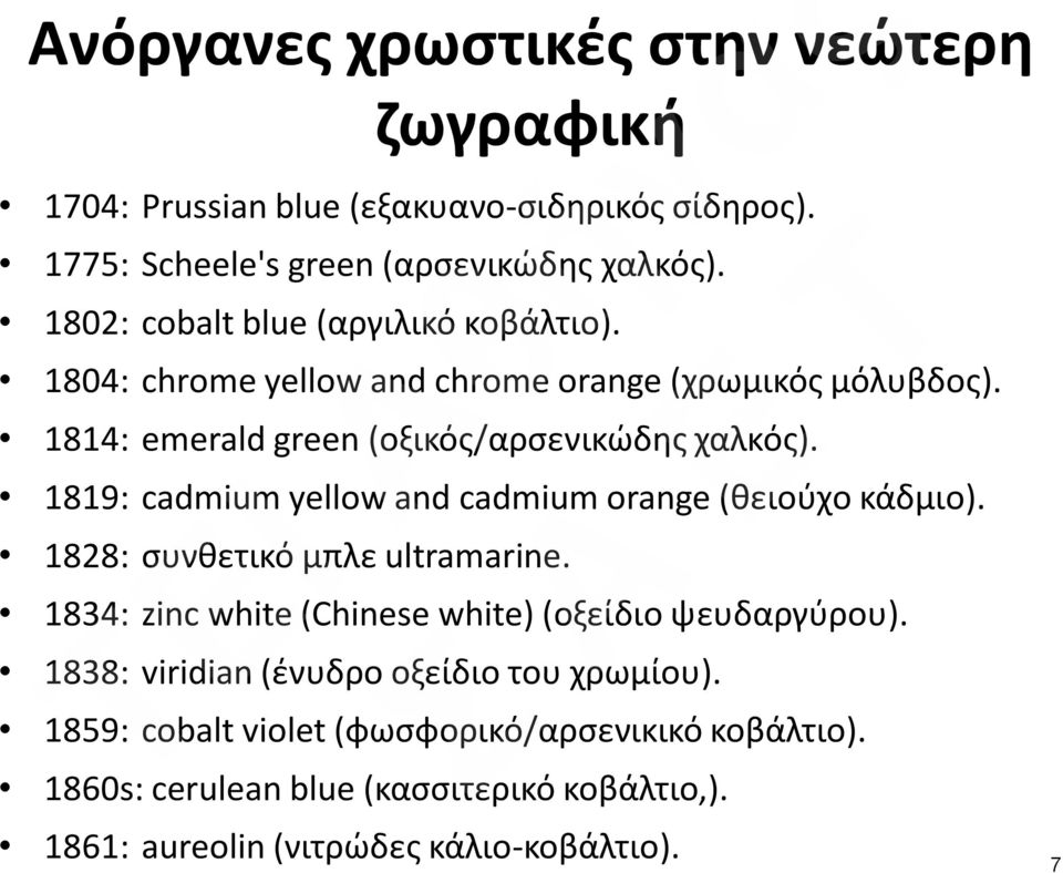 1819: cadmium yellow and cadmium orange (θειούχο κάδμιο). 1828: συνθετικό μπλε ultramarine. 1834: zinc white (Chinese white) (οξείδιο ψευδαργύρου).