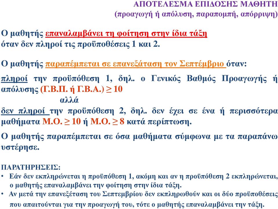 δεν έχει σε ένα ή περισσότερα μαθήματα Μ.Ο. 10 ή Μ.Ο. 8 κατά περίπτωση. Ο μαθητής παραπέμπεται σε όσα μαθήματα σύμφωνα με τα παραπάνω υστέρησε.