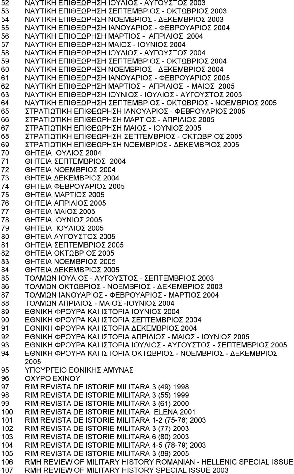 ΕΠΙΘΕΩΡΗΣΗ ΝΟΕΜΒΡΙΟΣ - ΔΕΚΕΜΒΡΙΟΣ 2004 61 ΝΑΥΤΙΚΗ ΕΠΙΘΕΩΡΗΣΗ ΙΑΝΟΥΑΡΙΟΣ - ΦΕΒΡΟΥΑΡΙΟΣ 2005 62 ΝΑΥΤΙΚΗ ΕΠΙΘΕΩΡΗΣΗ ΜΑΡΤΙΟΣ - ΑΠΡΙΛΙΟΣ - ΜΑΙΟΣ 2005 63 ΝΑΥΤΙΚΗ ΕΠΙΘΕΩΡΗΣΗ ΙΟΥΝΙΟΣ - ΙΟΥΛΙΟΣ - ΑΥΓΟΥΣΤΟΣ