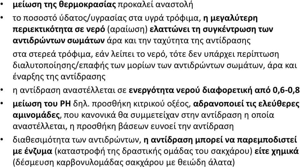 αναστέλλεται σε ενεργότητα νερού διαφορετική από 0,6-0,8 μείωση του PH δηλ.