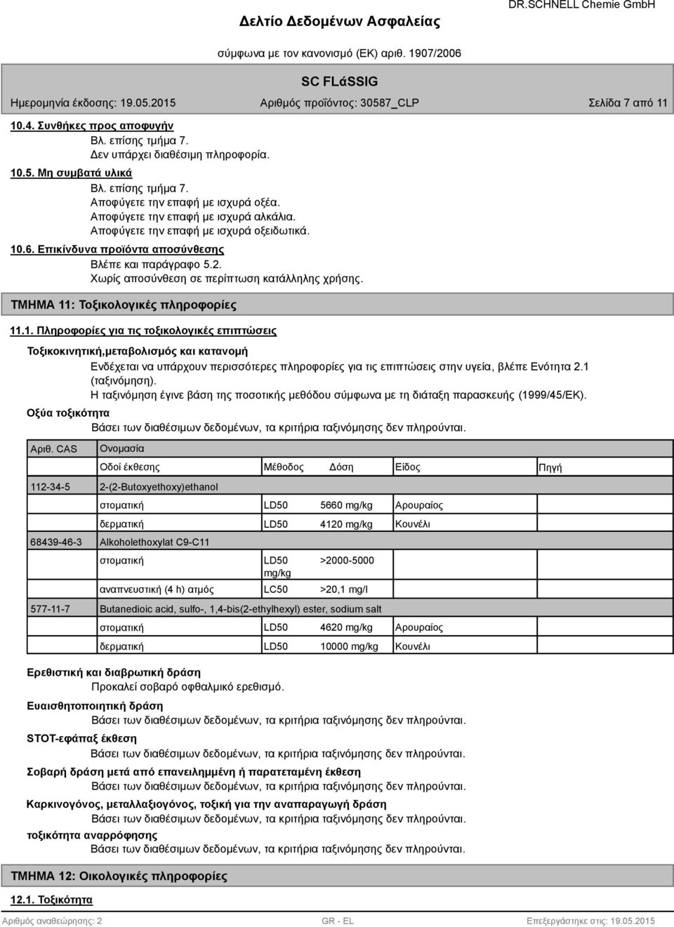 ΤΜΗΜΑ 11: Τοξικολογικές πληροφορίες 11.1. Πληροφορίες για τις τοξικολογικές επιπτώσεις Τοξικοκινητική,μεταβολισμός και κατανομή Ενδέχεται να υπάρχουν περισσότερες πληροφορίες για τις επιπτώσεις στην υγεία, βλέπε Ενότητα 2.